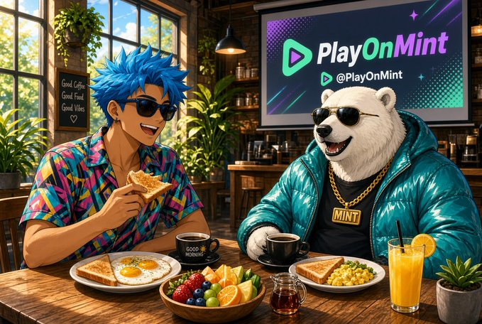 An animated illustration for 'PlayOnMint' (@PlayOnMint) depicting a blue-haired man with sunglasses and a polar bear wearing sunglasses and a gold 'MINT' chain sitting at a table with food and drinks.
