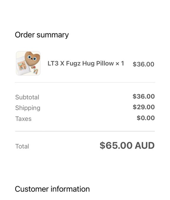An order summary showing 'LT3 X Fugz Hug Pillow x 1' for $36.00, with $29.00 shipping and $0.00 taxes, totaling $65.00 AUD.