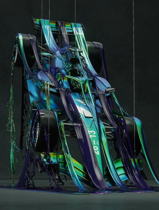 A digital art piece depicting a shiny, iridescent metallic blue and green track or slide structure with four large black wheels, marked with '20-13'.
