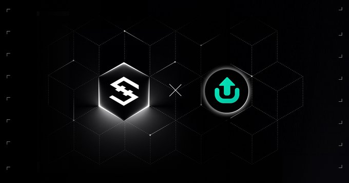 A promotional graphic featuring the IOST logo (a stylized hexagonal emblem) alongside the HyperPocket "U" logo separated by an "×" symbol, set against a dark hexagonal grid background, visually representing the brand and marketing partnership between the IOST blockchain and the HyperPocket AI cross-asset trading platform announced in the post.