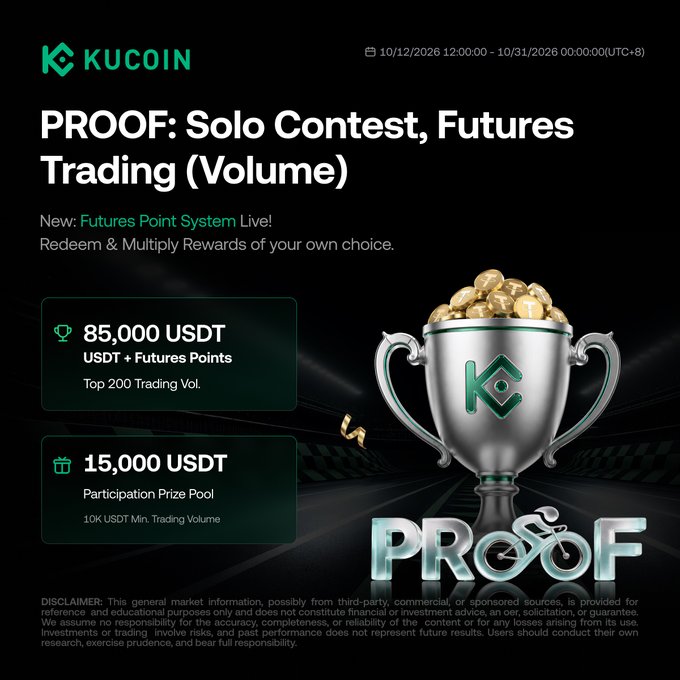 Promotional graphic for KuCoin's PROOF: Solo Contest, Futures Trading (Volume) campaign running from 10/12/2026 to 10/31/2026, featuring an 85,000 USDT prize pool for the top 200 trading volumes plus a 15,000 USDT participation prize pool. The design showcases a silver trophy and PROOF branding, highlighting the new Futures Point System for redeeming and multiplying rewards.
