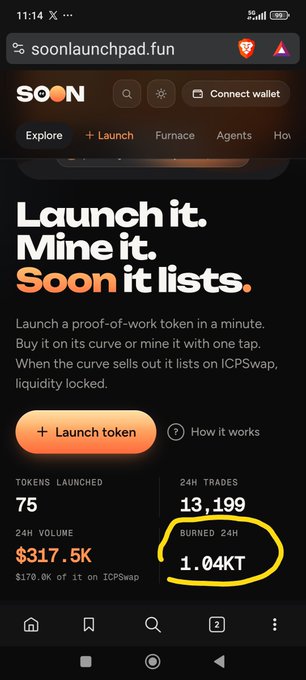 A mobile screenshot of the "soonlaunchpad.fun" website displaying stats including "TOKENS LAUNCHED 75," "24H TRADES 13,199," and "BURNED 24H 1.04KT" circled in yellow.