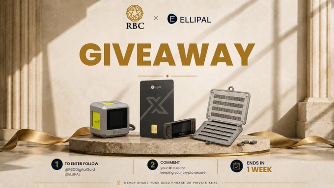 A promotional "GIVEAWAY" banner features logos for RBC and ELLIPAL above a marble pedestal displaying three crypto security products—the ELLIPAL X Card, ELLIPAL Joy, and a Seed Phrase Steel Backup—with instructions to follow @RBCDigitalGold and @ELLIPAL and comment a crypto security rule for a chance to win one of 4 bundles.
