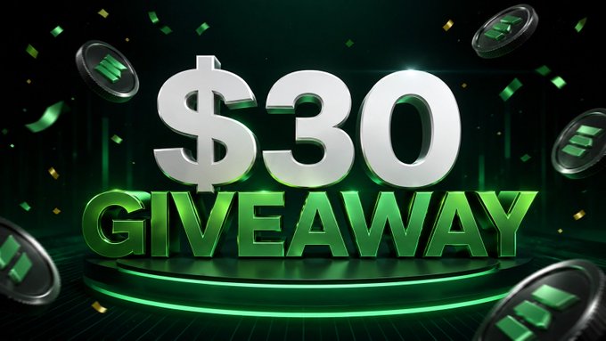 A promotional graphic with bold 3D text reading '$30 GIVEAWAY' in white and green letters, with green coins floating around on a dark background.