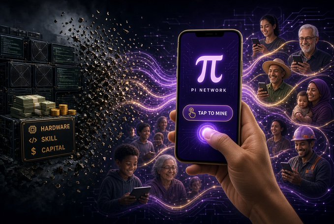 A promotional graphic for 'PI NETWORK' featuring a hand tapping a phone screen with a 'TAP TO MINE' button, surrounded by diverse people and server racks with text listing 'HARDWARE', 'SKILL', and 'CAPITAL'.