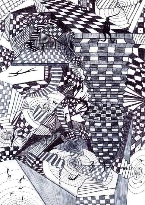 A detailed black-and-white pen drawing filled with surreal geometric patterns, checkered surfaces, spirals, and small insect-like figures, signed 'Hedy'.