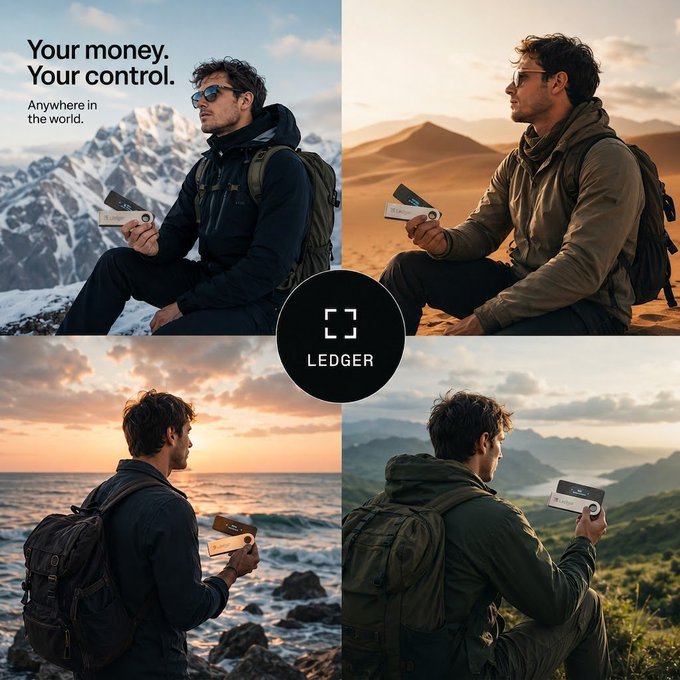 Ledger advertisement showing a four-panel collage of a man using a Ledger device in various locations (mountains, desert, ocean, hills) with the tagline 'Your money. Your control. Anywhere in the world.'