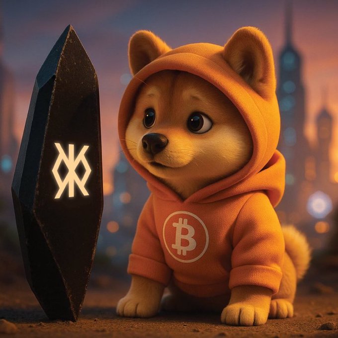 This image shows a cartoonized yellowish dog standing upright in a hooded sweatshirt covered in blurry city lights. The sweatshirt displays an image of Bitcoin, and to the side, a glowing black wall features a strikingly similar Bitcoin emblem. The post comments on how the image relates to it and says, "I will run Bitcoin in $DOG Mode."