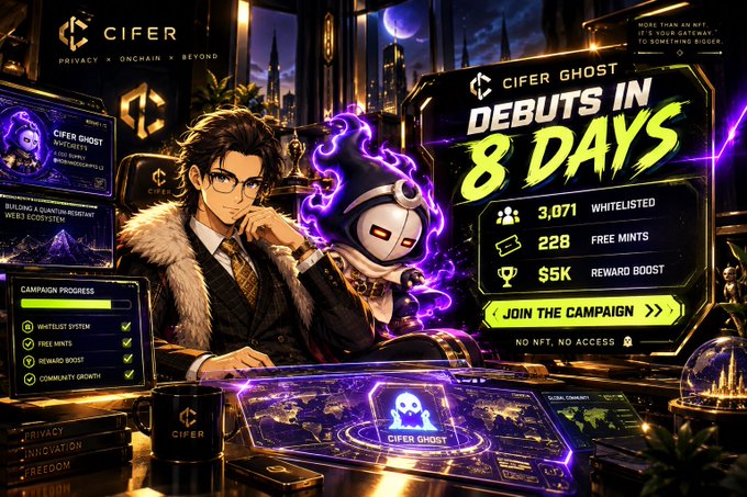 A promotional graphic for 'CIFER GHOST' NFT mint debuting in 8 days, showing 3,071 whitelisted, 228 free mints, and $5K reward boost, with a character holding a purple ghost mask surrounded by campaign progress details.