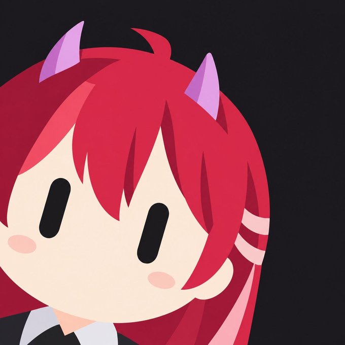 A chibi-style anime character with red hair, pink cat-like ears, and black oval eyes on a dark background.