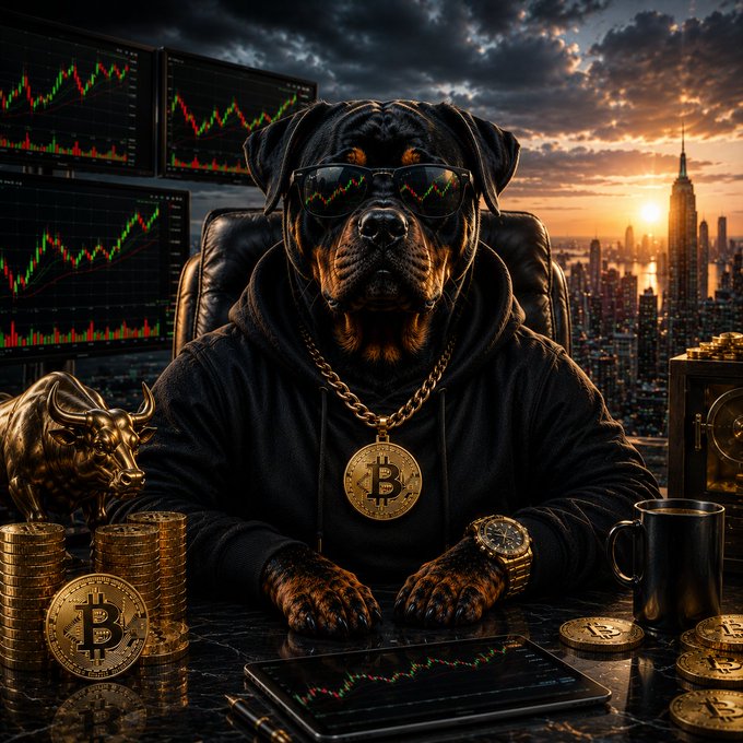 A Rottweiler wearing sunglasses and a Bitcoin medallion sits confidently at a desk surrounded by crypto charts, a golden bull statue, and stacks of Bitcoin coins against a dramatic city skyline. The image visually reinforces the post's theme of patient market waiting, embodying the "no FOMO" sentiment with its calm, composed canine trader surveying the charts before the next move.