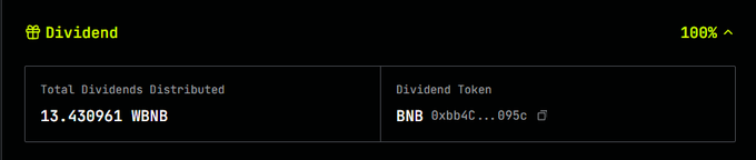 A black crypto interface labeled “Dividend,” showing “100%” and panels for “Total Dividends Distributed” of “13.430961 WBNB” and a truncated “Dividend Token” address.