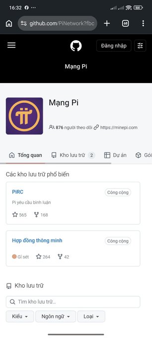 Screenshot of the official Pi Network GitHub organization page (github.com/PiNetwork) showing 876 people and repositories, with popular repos including "PiRC" (565 stars, 168 forks) and "Hợp đồng thông minh" (Smart Contracts, 264 stars, 42 forks), visually confirming the announcement of Pi Network's smart contracts being publicly hosted on GitHub.