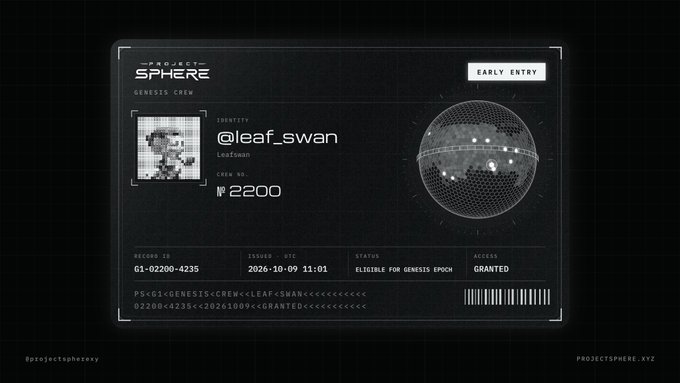 A digital pass for "PROJECT SPHERE GENESIS CREW" issued to @leaf_swan with crew number 2200, granted "EARLY ENTRY" access on October 10, 2026.