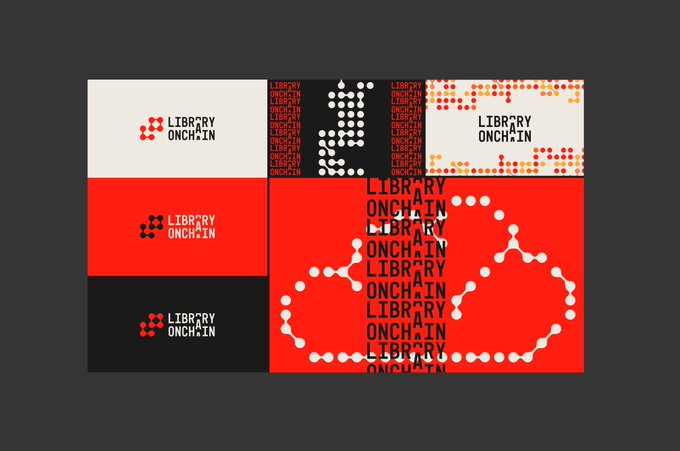 A branding design presentation for 'LIBRARY ONCHAIN' featuring the logo in red, black, and white color schemes with geometric dot patterns and typography variations.