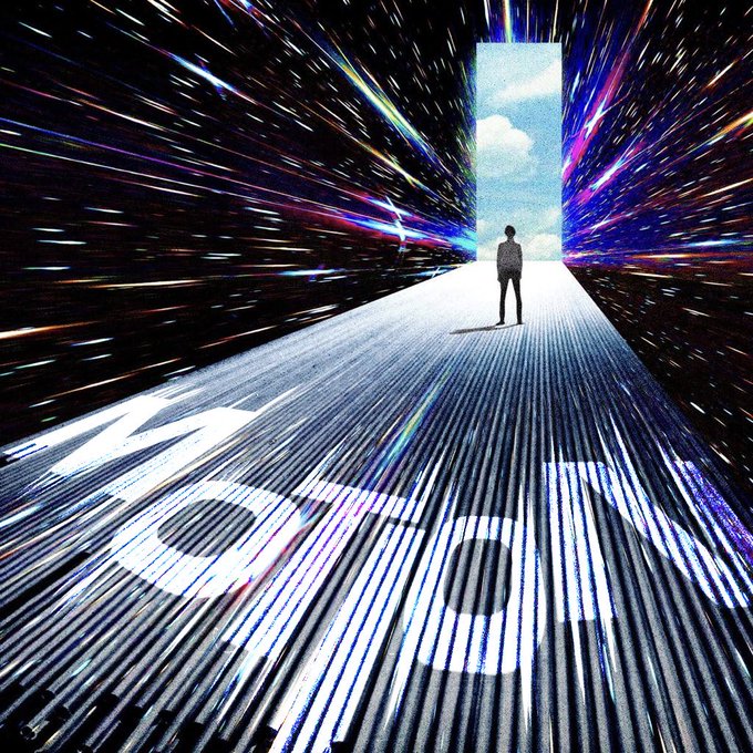 A surreal artistic image showing a person standing on a path looking through an open doorway into a bright sky, surrounded by colorful light streaks suggesting motion or warp speed.