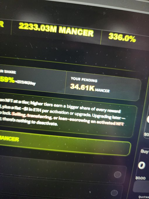 A digital interface displaying token statistics, showing '2233.03M MANCER' with '336.0%' and a pending balance of '34.61K MANCER' alongside warnings about NFT sales and ETH rewards.