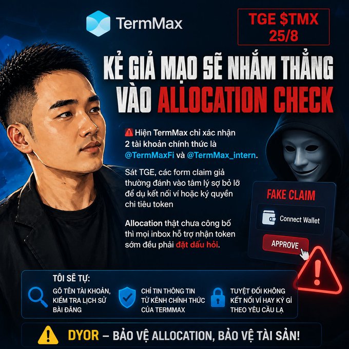 The image is a TermMax warning poster about the TGE $TMX on 25/8, alerting users that scammers will target the allocation check with fake claim forms. It notes TermMax only has two official accounts (@TermMaxFi and @TermMax_intern) and urges DYOR to protect allocations and assets.

Key visual elements include a masked hacker figure, a "Fake Claim" mockup showing a fake "Connect Wallet" and "APPROVE" button to illustrate the scam, and three safety tips reminding users to verify accounts, trust only official channels, and never connect wallets or sign token spending permissions.