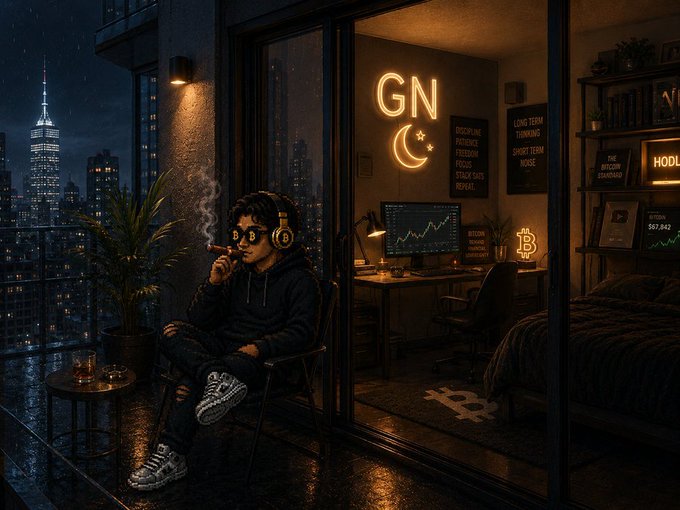 A person sits on a chair smoking outside a room featuring neon 'GN' and Bitcoin signage, cryptocurrency charts, and a view of a city skyline at night.