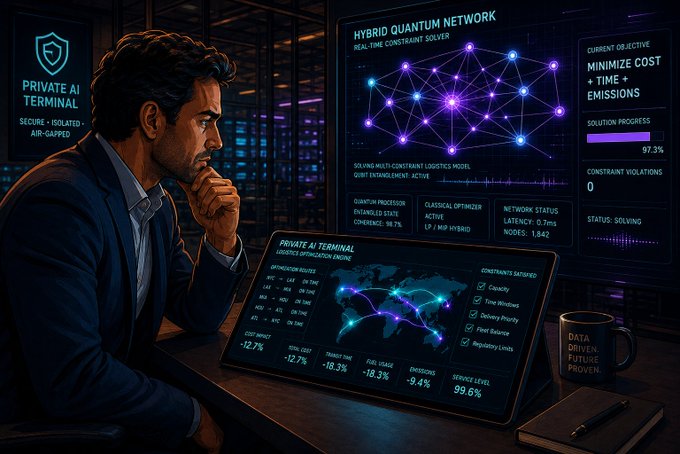 A digital illustration of a man at a desk analyzing data on multiple screens labeled "PRIVATE AI TERMINAL" and "HYBRID QUANTUM NETWORK", with text including "MINIMIZE COST + TIME - EMISSIONS" and "SOLVING MULTI-CONSTRAINT LOGISTICS MODEL".