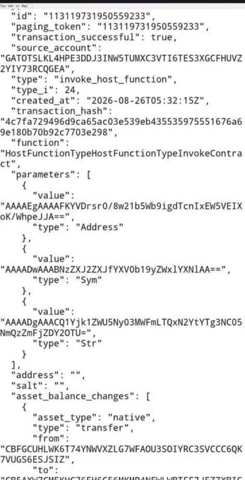 A screenshot of JSON code displaying transaction details, including fields like 'id', 'paging_token', 'transaction_successful', 'source_account', and 'transaction_hash'.