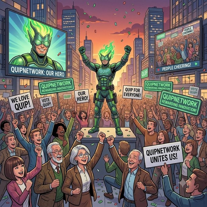 A vibrant cartoon illustration showing a green superhero 'QUIPNETWORK' standing on a platform surrounded by a cheering crowd holding signs like 'WE LOVE QUIP!' and 'QUIPNETWORK UNITES US!'