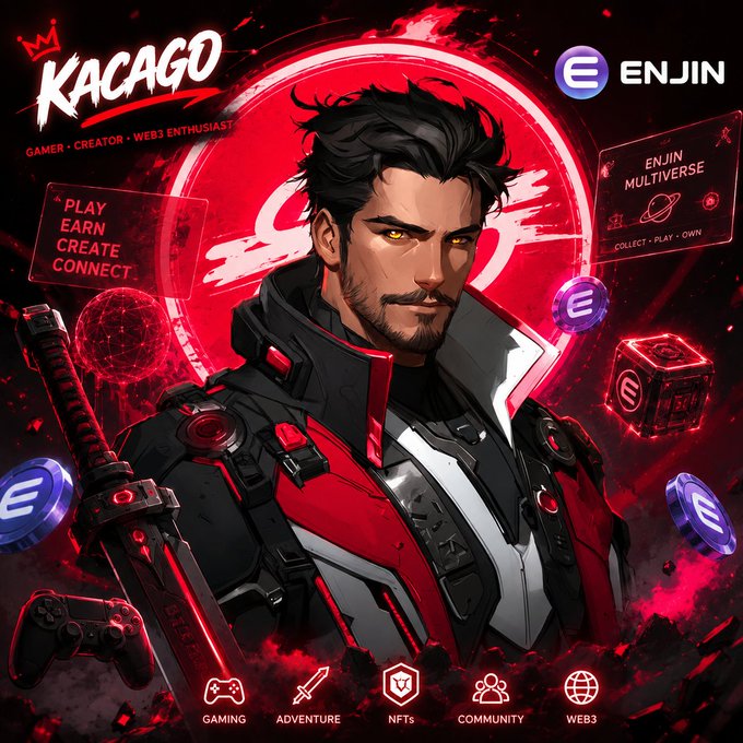 A promotional graphic for 'KACAGO' described as 'GAMER • CREATOR • WEB3 ENTHUSIAST' featuring an illustrated male character with a sword and a banner reading 'PLAY EARN CREATE CONNECT,' along with 'ENJIN' and 'ENJIN MULTIVERSE' branding and icons for Gaming, Adventure, NFTs, Community, and Web3.