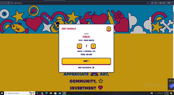 The image shows a screenshot of an online community page for an artist named ORIGINALS, which has been launched by a project called ApeChain. The page displays a list of achievements and mentions that the project is now running a creator-focused campaign with Mint as its central focus. The post also highlights the price of the token, which is 69 cents per token (C).