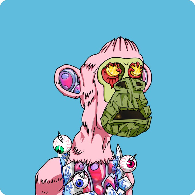 The image features a cartoon monkey with pink fur and green eyes wearing a mask that has a face painted on it. The monkey appears to be anthropomorphized, giving it a human-like appearance. The background of the image is blue, which contrasts nicely with the monkey's pink fur. There are also two small white circles in the bottom left corner of the image.