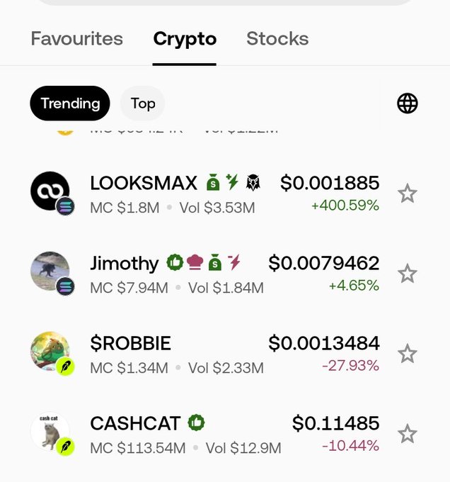 A crypto trading app displays trending tokens including LOOKSMAX at $0.001885 (+400.59%), Jimothy at $0.0079462 (+4.65%), $ROBBIE at $0.0013484 (-27.93%), and CASHCAT at $0.11485 (-10.44%).