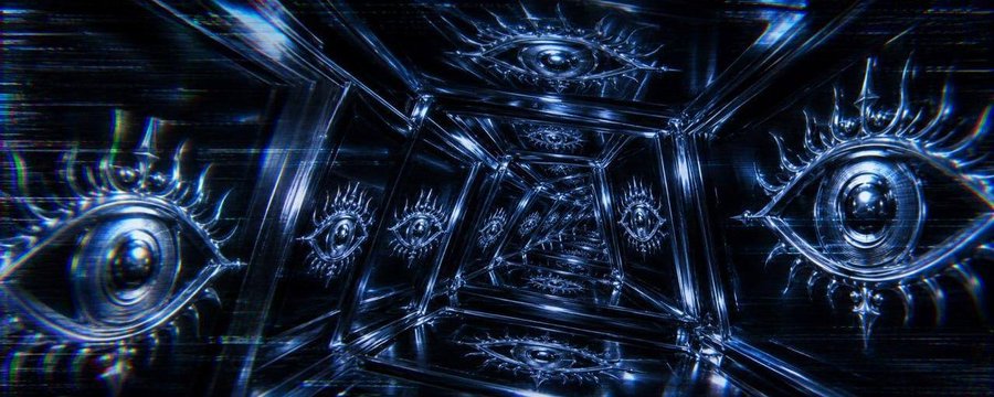 A surreal digital artwork featuring a mirrored tunnel lined with ornate, metallic eye motifs in deep blues and silvers, evoking an otherworldly, NFT-inspired aesthetic that complements the post's discussion of upcoming NFT projects like Spritehood Wisps and @0xNTRPY. The hypnotic, infinite symmetry of the eyes creates a mystical atmosphere fitting the anticipation around these mysterious NFT collections.