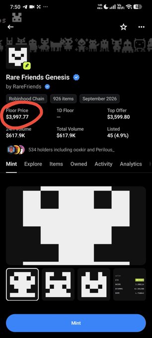 The image shows a mobile screenshot of the "Rare Friends Genesis" NFT collection on OpenSea, with the Floor Price of $3,997.70 circled in red, highlighting the listing's claim of reaching nearly $4,000 from a free mint.