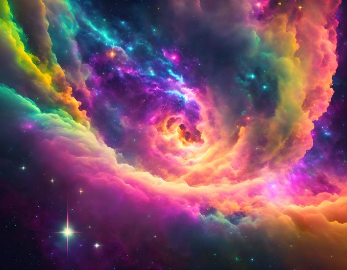A vibrant cosmic nebula illustration featuring swirling clouds of pink, purple, orange, and teal gas with sparkling stars against a dark space background.