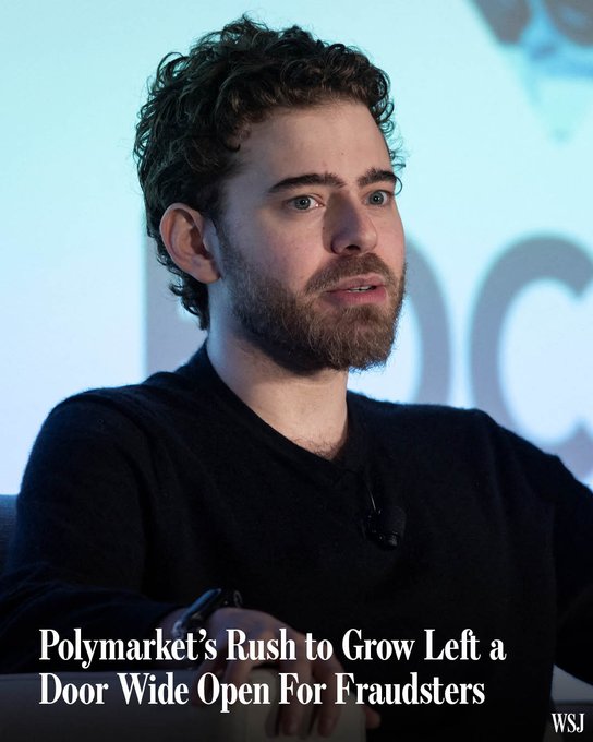 A man with curly hair and a beard, wearing a black sweater, speaks at what appears to be a press event, with the headline "Polymarket's Rush to Grow Left a Door Wide Open For Fraudsters" overlaid by the WSJ logo. The image accompanies an article about how the prediction market platform's aggressive growth strategy enabled widespread fraud through stolen debit cards.