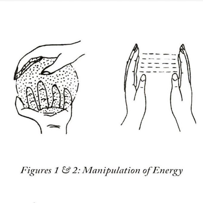 A black and white line illustration showing two figures manipulating energy - one holding a textured sphere and another with hands creating dashed lines between them, captioned 'Figures 1 & 2: Manipulation of Energy'.