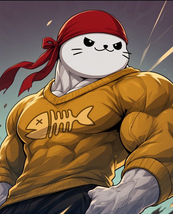 An anime-style illustration of a muscular cat character wearing a red bandana and a yellow cheesy fish-bone sweatshirt, striking a powerful pose.