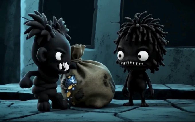 Two dark, cartoonish monster characters with wild hair and sharp teeth stand beside a sack spilling glowing gold coins in a dimly lit stone setting.
