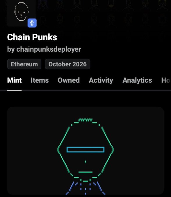 A digital interface for an Ethereum NFT collection called 'Chain Punks' by chainpunksdeployer, showing a pixelated, green and blue alien-like character.
