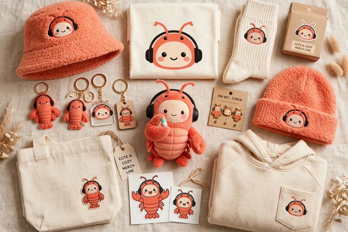 A flat-lay arrangement of orange-themed merchandise featuring a cartoon character with headphones, including a bucket hat, socks, hoodies, tote bags, keychains, pins, and a plush toy, displayed on a neutral background.
