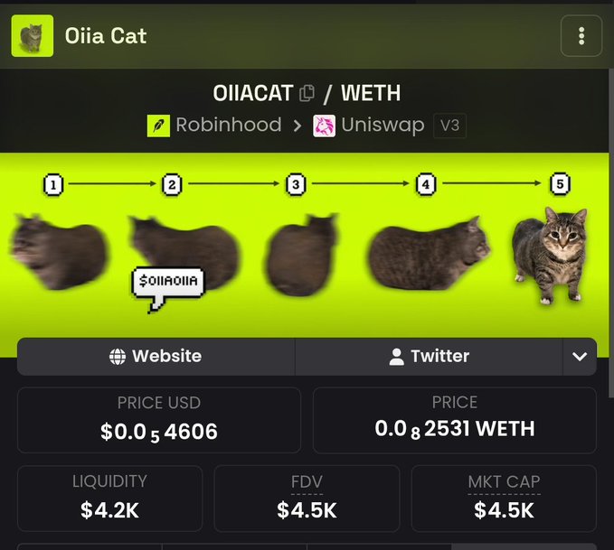 Screenshot of a DexScreener page for OIIACAT/WETH on Robinhood and Uniswap V3, showing a five-stage cat meme animation culminating in the final cat image, with a low market cap of $4.5K, liquidity of $4.2K, and token price at $0.054606 USD (0.00002531 WETH).