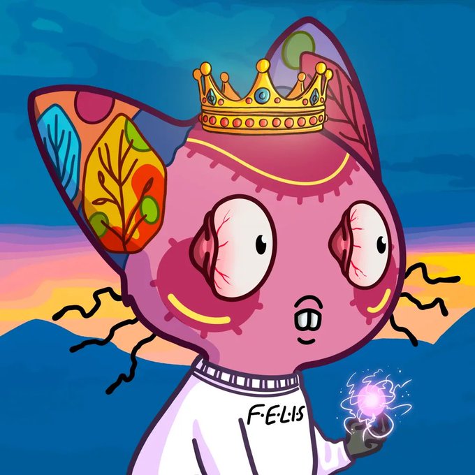 A digital illustration of a pink, stitched-up creature wearing a gold crown and a white sweatshirt labeled 'FELIS', holding a glowing purple orb against a sunset landscape.