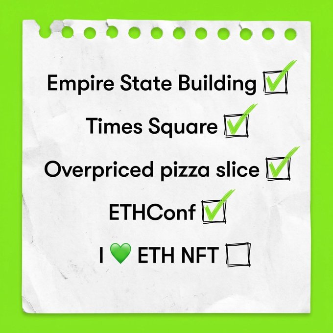 "ETHConf wraps today Don't leave the last one blank". This sentence suggests that something important or crucial has already been done, which may be related to the task of finishing a check list for Empire State Building, Times Square, and Overpriced Pizza Slice options. The post is likely meant to remind people not to overlook these tasks, as they could have implications on time management or financial decisions.
