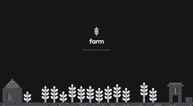 A dark website preview for 'farm' by bulloshi is coming soon, featuring pixel art of trees, crops, and a barn.