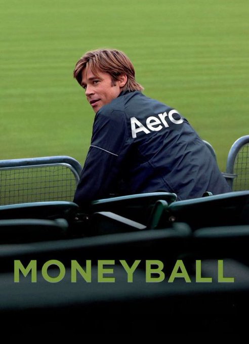The image is the iconic movie poster for "Moneyball," featuring Brad Pitt in a dark "Aero" jacket, seated in stadium seats with his back turned, looking over his shoulder against a green field backdrop with the title "MONEYBALL" displayed in green at the bottom. The image cleverly mirrors the post's message by visually equating "Aero" with the data-driven, underdog strategy synonymous with Moneyball—suggesting Aero applies the same analytical, efficiency-focused approach to liquidity.