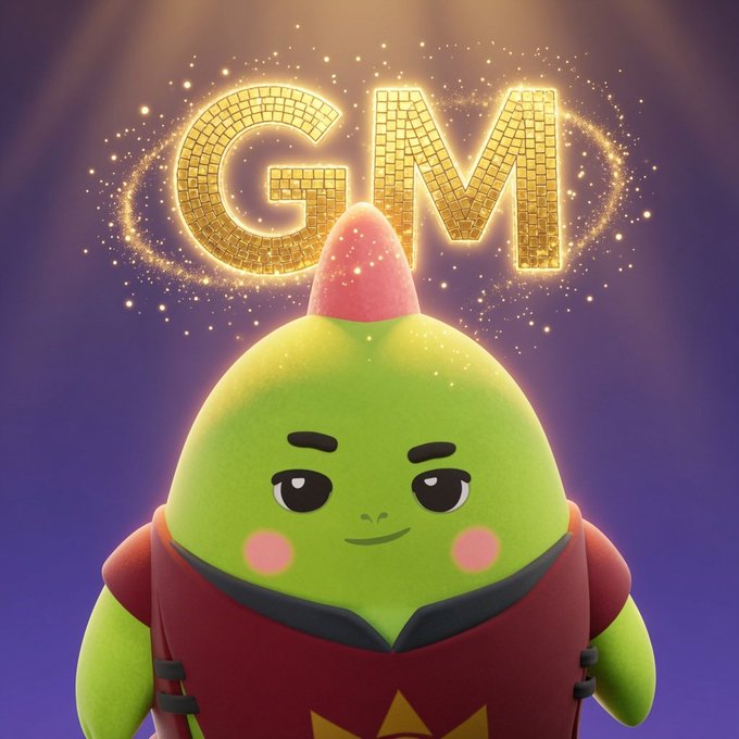 A green cartoon character mascot with pink cheeks wearing a red outfit, with glowing golden 'GM' disco-ball style text and sparkles above its head.