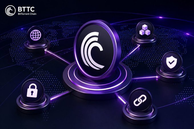 A promotional graphic for 'BTTC BitTorrent Chain' featuring a central purple logo connected to various icons including a globe, lock, and cubes.