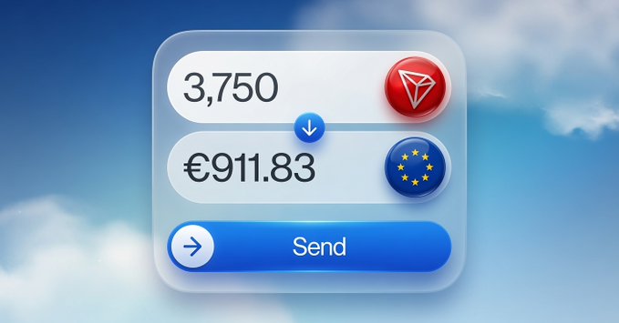 A digital exchange widget showing a conversion of 3,750 TRX (Tron) to €911.83 (Euros) with a blue 'Send' button, set against a blue sky background.
