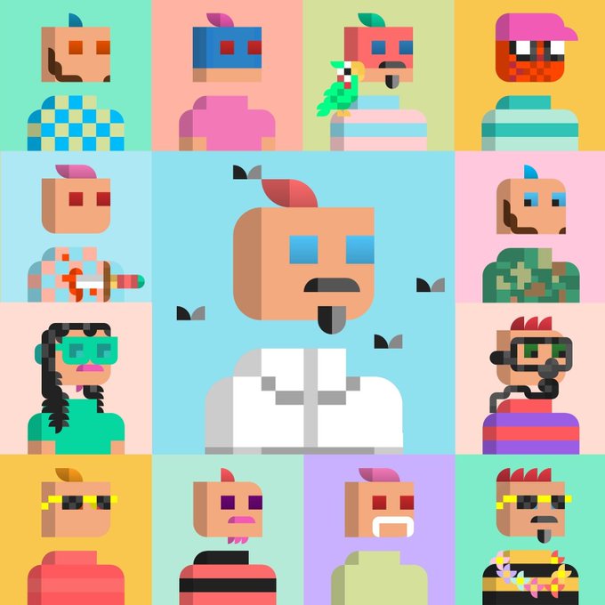 A colorful grid of pixelated, blocky avatar characters, with a larger central character surrounded by smaller variations featuring different hairstyles, accessories, and clothing.
