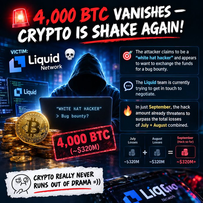 An infographic titled '4,000 BTC VANISHES — CRYPTO IS SHAKE AGAIN!' details the Liquid Network hack, mentioning a 'white hat hacker' claiming a bug bounty and showing combined losses from July, August, and September totaling over $320M.
