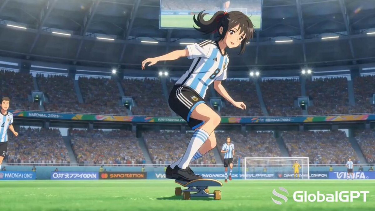 The image features a girl riding a skateboard with her arms outstretched while wearing a soccer uniform. She appears to be enjoying herself as she skates around an empty stadium, possibly at a sports event or practice session.